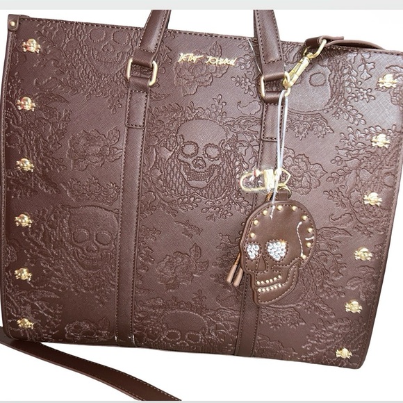 BETSEY JOHNSON XL BROWN SKULLS & ROSES TOTE RHINESTONE SKULL PURSE CHARM NWT - Picture 12 of 13